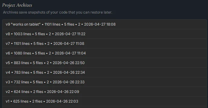 Whittl Project Archives panel showing nine snapshots v1 through v9, each with line count, file count, and timestamp. The newest entry v9 also shows the user prompt "works on tablet" that triggered that generation.