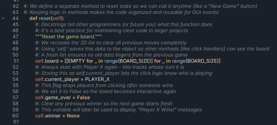 Explain Mode on, showing the same reset() method with inline AI comments above each line explaining intent
